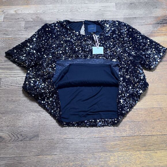 Alex Marie Sequined Blouse Stretch Short Sleeve Lined Party Top Black Womens XL - Picture 6 of 16